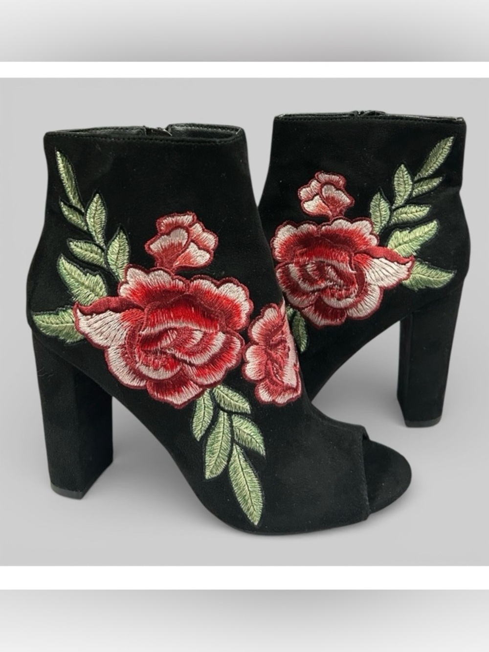 Black Suede Embroidered Rose Peep Toe Booties | Floral Ankle Boots Heels Size 8